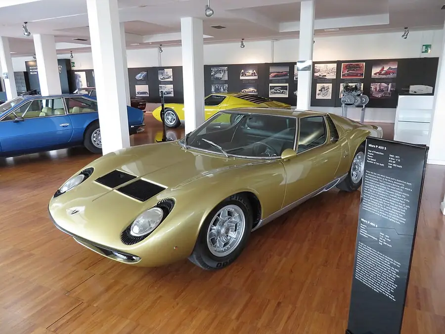 Interior of the Lamborghini Museum (MUDETEC) in Sant'Agata Bolognese with supercars on display